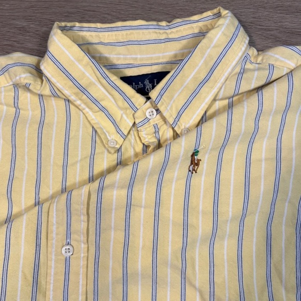 Ralph Lauren Mens Classic Fit Short Sleeve Striped Button Down Shirt Yellow Blue
